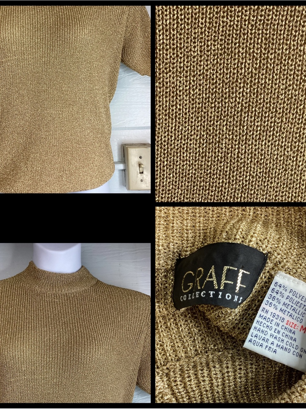 Gold Metallic Knit Mock Neck Top.62 - Picture 2 of 4